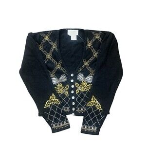 Cache Bow Embroidered Black Knitted Cardigan Beaded Bow Holiday Lambwool Blend S